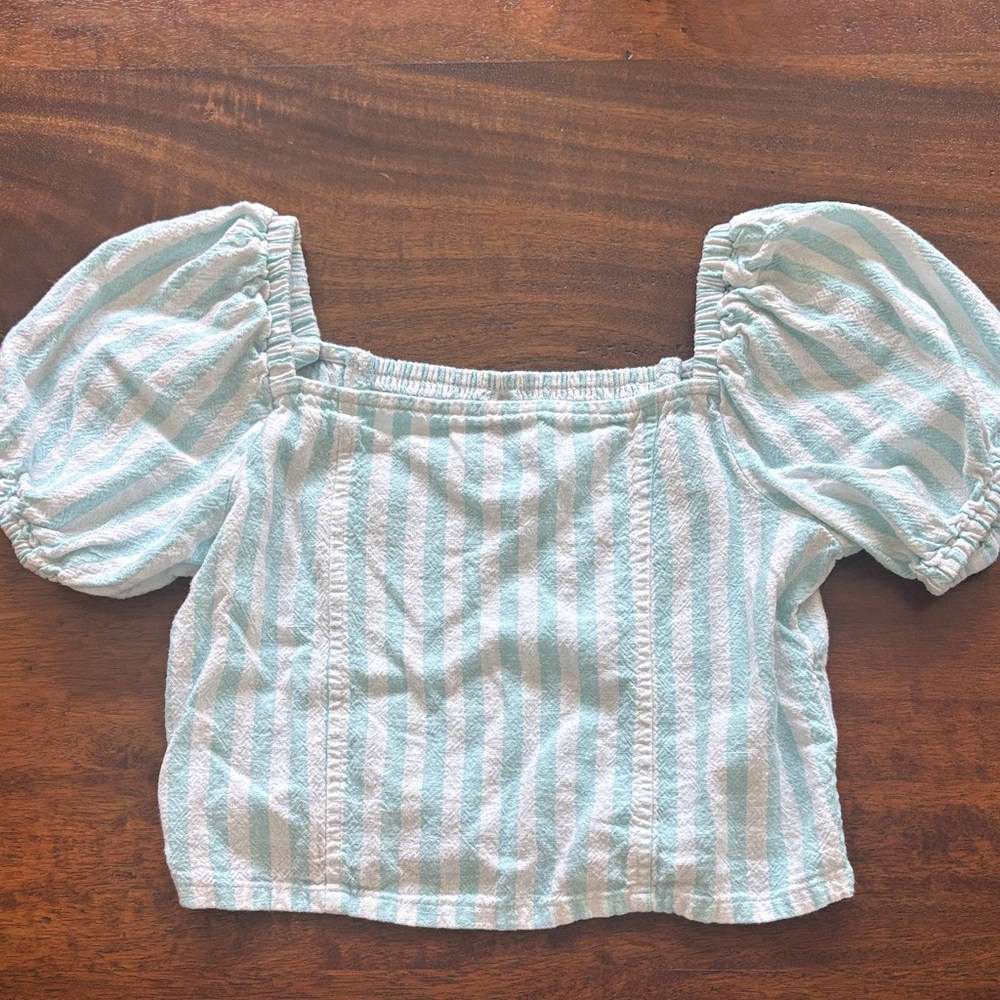 Old Navy Puff Sleeve Blouse - Light Blue and White